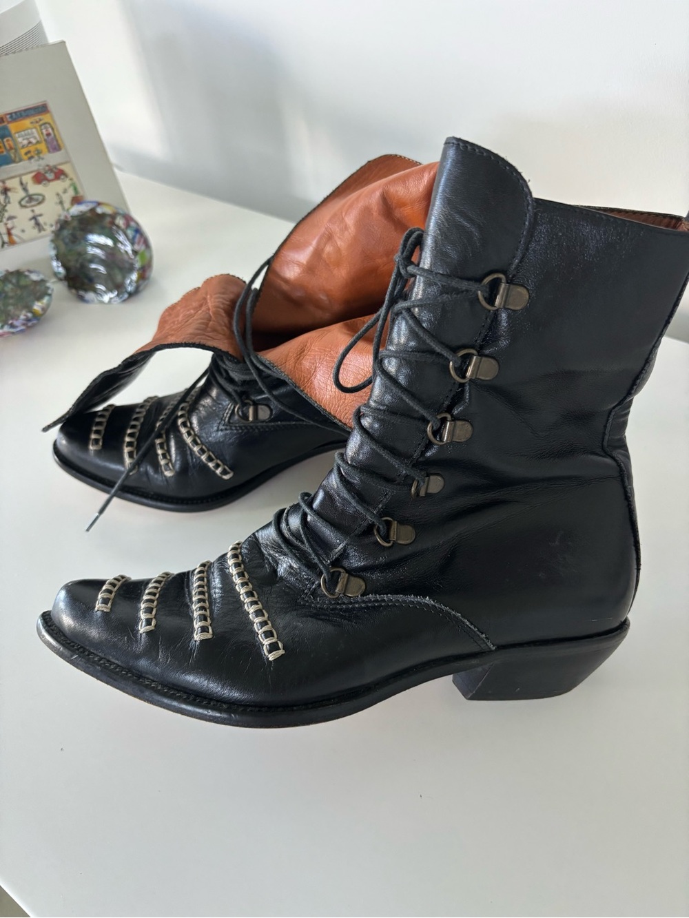 Black Leather Lace-Up Western Ankle Boots